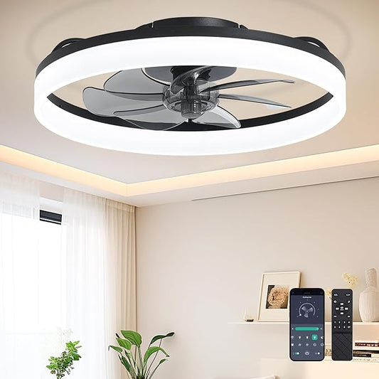 Ceiling Fans with Lights and Remote Fandelier - 20'' Flush Mount Low Profile Modern Black Ceiling Fans for Bedroom - Stepless Color Temperature Change and 6 Speeds, Black