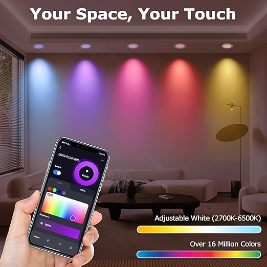 6 Pack Smart RGB TW Recessed Lighting 6 Inch Color Changing (2700K-6500K) 12W Downlight, 1000 Lumen LED Wafer Light,Damp Location with J-Box Work and Wire Nuts, ETL