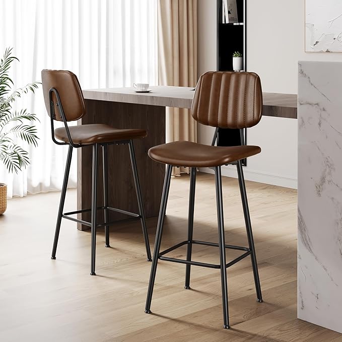 29-Inch Leather Bar Stools Set of 2, Counter Height Barstools with High Backrest，Bar Chairs for Kitchen Island with Heavy Duty Metal Legs, Dark Brown