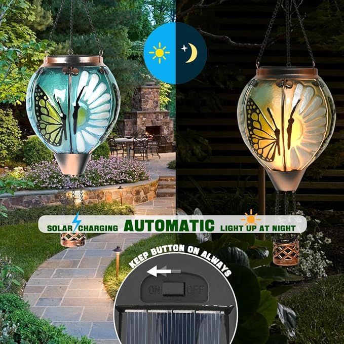 Hot Air Balloon Solar Lantern - Butterfly Stained Glass Lantern, Simulated Flickering Dancing Flame, Outdoor Hanging Yard Light Waterproof IP65 for Patio Lawn Porch Decor Gift