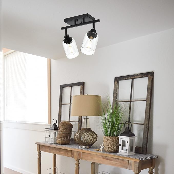 MELUCEE 2 Light Wall Scone Spotlight Semi Flush Mount Ceiling Light, 13.8 Inch Black Bathroom Lights Rotatable Track Lighting Kit for Hallway Porch Foyer Bath Storage, Clear Glass Shade