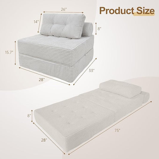 ANONER Memory Foam Folding Sofa Bed, Sectional Couches with Pillow, Futon Floor Couch, Versatile Convertible Sleeper Chair, Boneless Chaise Lounge, Fold Out Chair Bed for Living Room, Beige