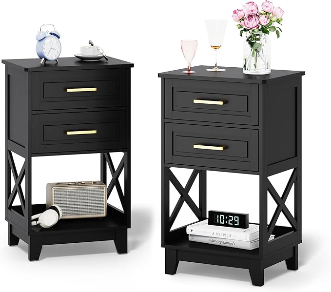 Black Nightstand Set of 2, Tall Side Table with 2 Drawers and Open Shelf, Bedside Table with Solid Feet, Modern End Table for Bedroom, Home Office, Black