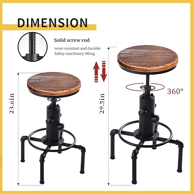 Vintage Industrial Bar Stools,Kitchen Counter Bar Stool Height Adjustable 23.6"-29.5" Swivel Bar Stool, Solid Wood Water Pipe Fire Cafe Pub Bar Stool,Set of 2, Black
