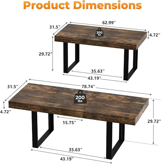 63"-78.7" Rectangular Extendable Dining Table, 6-8 Extendable Dining Table, Conference Table, Kitchen Table with Slide Track, Tapered U-Shaped Wood Legs for Office, Living Room-Rustic Brown