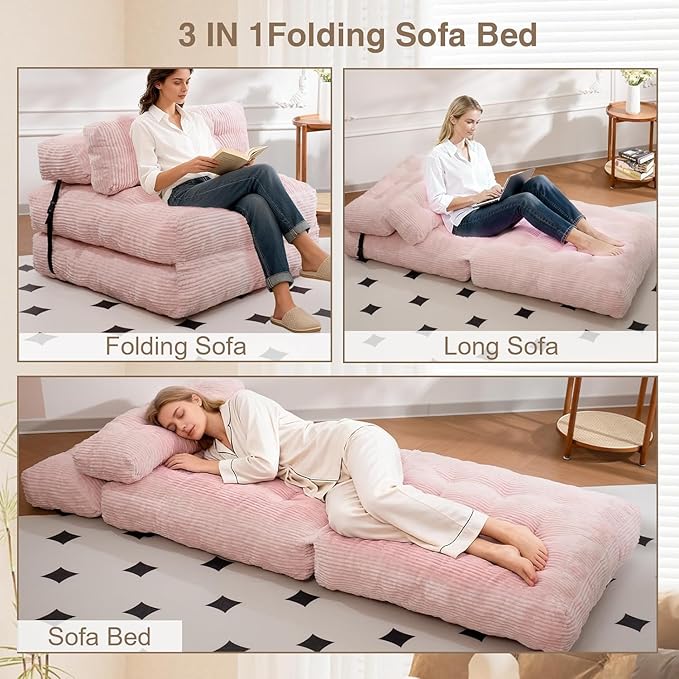 Folding Sofa Bed, Folding Chair Bed with Pillow, Convertible Lazy Sofa Bed with High-Density Support Foam, Fold Out Chair for Small Spaces Living Room Bedroom, Pink
