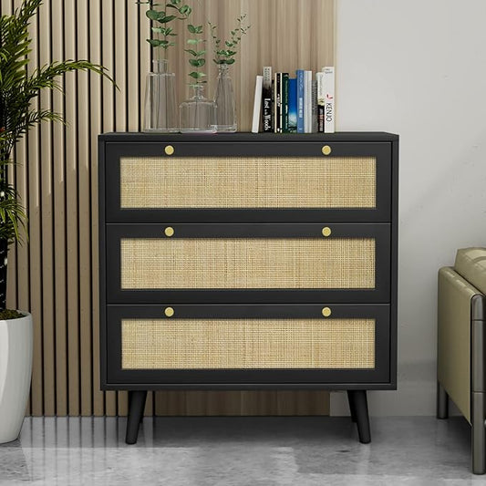 Anmytek Black Dresser for Bedroom with 3 Drawers, Modern Wood 3 Drawer Dresser, Black Chest of Drawer with Spacious Storage Rattan Dresser for Bedroom Living Room H0075