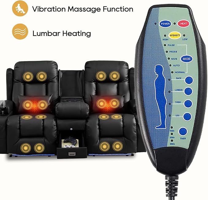 IPKIG Power Recliner Sofa with Flip-Up Backrest Console, USB & USB-C Ports, AC Outlet, LED Lights, Wall Hugger Recliners for Living Room, RV (Midnight Black, 67" - 3 Seat) | Breathable Leather, Zero Gravity, Dual Reclining, 2 Lumabr Pillow, Bluetooth S...
