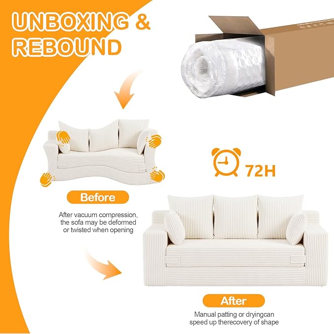 Oversize Loveseat Boneless Convertible Sofa Bed, Folding Floor Futon Sleeper Sofa Queen Size Couch Bed- Boneless Foldable Couch, Corduroy Pull Out Sofa Bed with 5 Pillows for Living Room & Bedroom