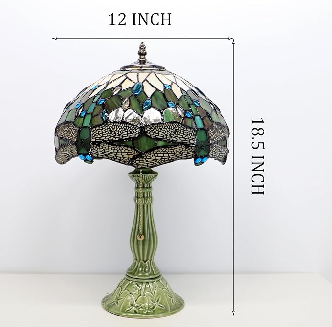 Tiffany Lamp Stained Glass Table Lamps Amber White Dragonfly Style Desk Lamp 12X12X18.5 Inch Bronze Ceramic Base Reading Light Suitable for Bedside Bedroom Living Room Dining Room Office