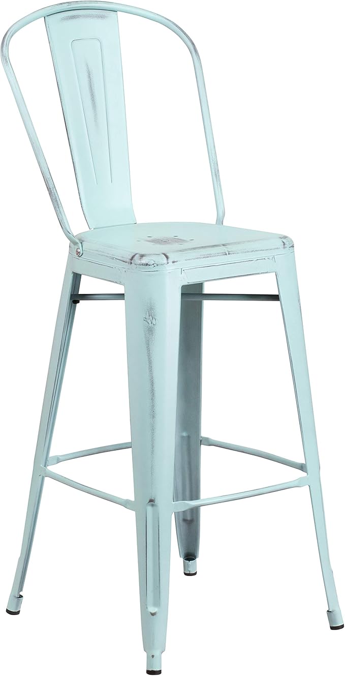 Flash Furniture Commercial Grade 30" High Distressed Green-Blue Metal Indoor-Outdoor Barstool with Back