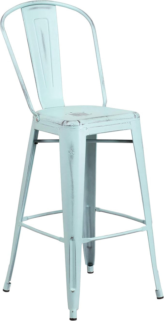 Flash Furniture Commercial Grade 30" High Distressed Green-Blue Metal Indoor-Outdoor Barstool with Back