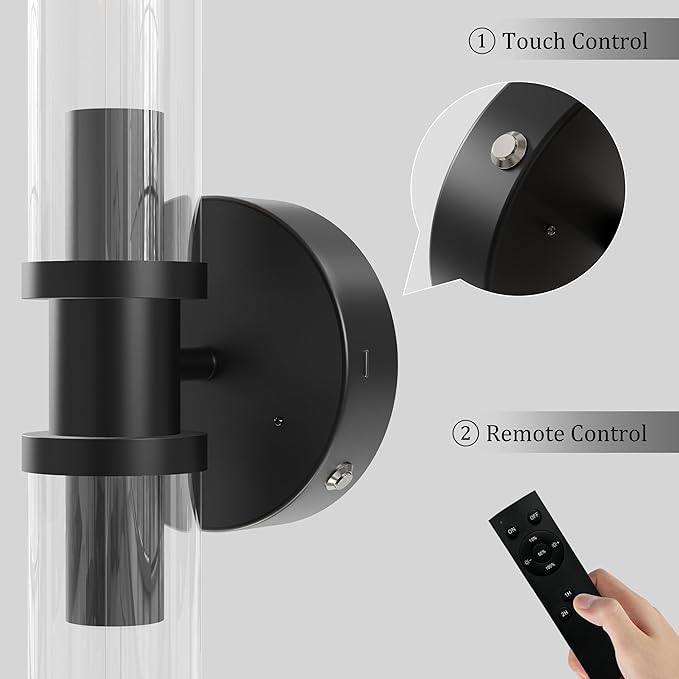 Wireless Wall Sconce with Remote Control, Black Dimmable Rechargeable Battery Sconces Wall Decor Set of 2 with Timer Function for Living Room, Bedroom, Bathroom, Hallway, Entryway 3000K
