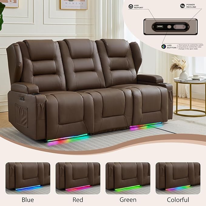 Oprisen 3-Seater Power Recliner Sofa Couch Flip Middle Backrest Reclining Sofa Chair for Living Room with Charging Station/Cup Holders/LED Ambient Light