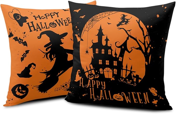 Happy Halloween Pillow Covers 18x18 Set of 2 Witch Castle Spider Web Decorative Pillows Covers Orange and Black Pillow Covers Halloween Decoration for Living Room Sofa