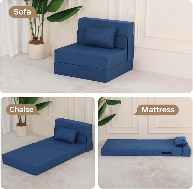 Fvkind Folding Sofa Bed, Foldable Sleeper Chair with Pillow, Convertible Fold Out Chair Bed with Washable Cover, Foldable Mattress for Living Room, Bedroom, Guest Room, Single Size, Blue