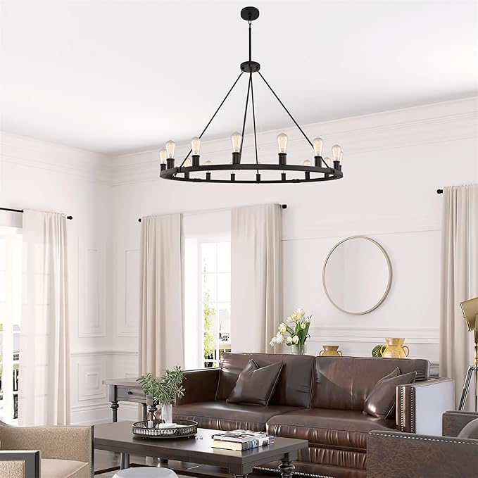 Kira Home Homestead 50" 16-Light Large Industrial Rustic Farmhouse Wagon Wheel Chandelier, Round Kitchen Island Light, Black Finish