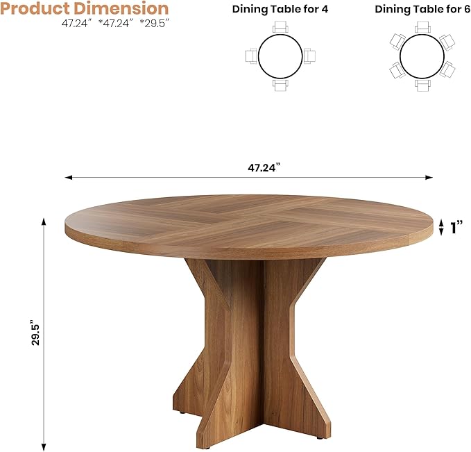 IDEALHOUSE Round Dining Table, 47" Kitchen Table for 4-6 People, Circle Tables with Sturdy Pedestal Base, Space Saving Dinning Room Furniture for Living Room, Kitchen, Apartment