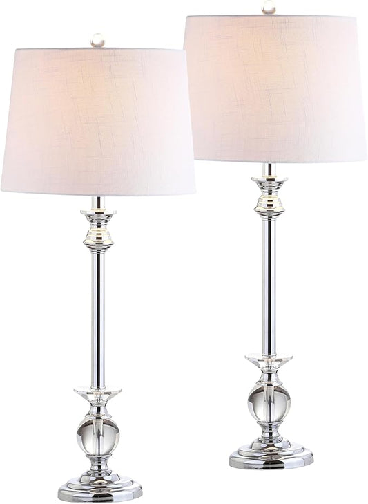 JONATHAN Y 33" Crystal and Chrome LED Table Lamp Set of 2, Contemporary Clear Metal Lamps for Living Room Bedroom, White Linen Drum Shade, LED Bulbs Included, UL Listed JYL2056A-SET2