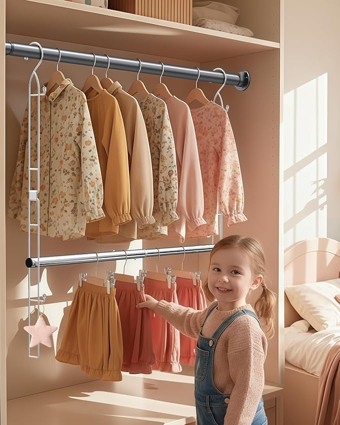 Hanging Closet Rod Stainless Steel, 2 Pack Adjustable Height & Width Closet Rod Extender, Space-Saving Closet Hanging Storage Organizer，Load up to 88LB