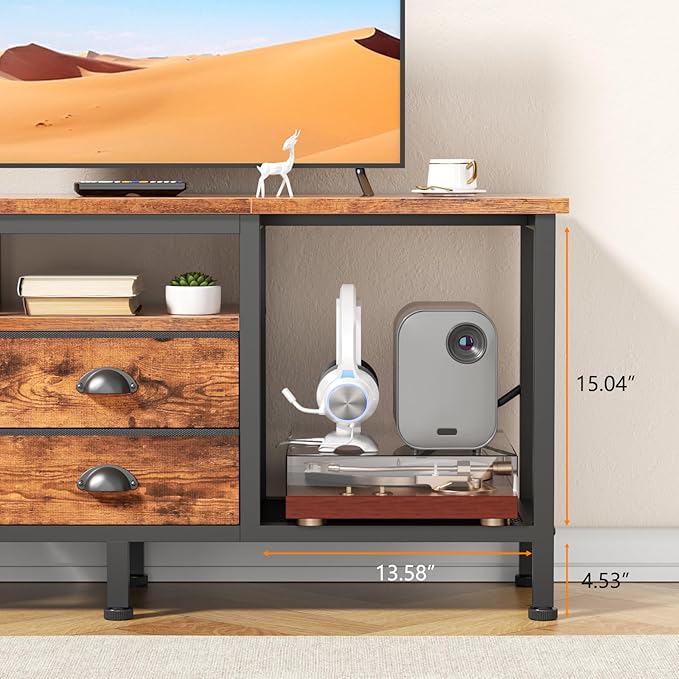 Furologee TV Stand with 2 Fabric Drawers, 43 Inch Entertainment Center with Open Storage Shelves, Media Console Table for Bedroom, Living Room, Rustic Brown