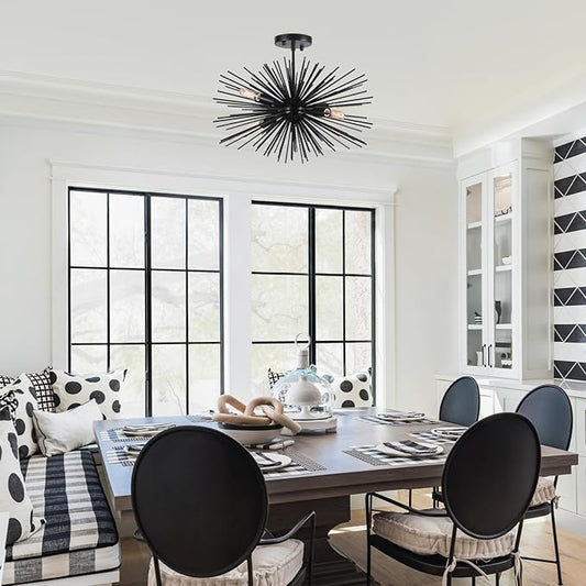 20in Black Sputnik Ceiling Light Fixtures Over Table 4-Lights Starburst Sputnik Chandelier Modern Solid Metal Semi Flush Mount Ceiling Light for Bedroom, Kitchen, Hallway, Laundry Room, E12