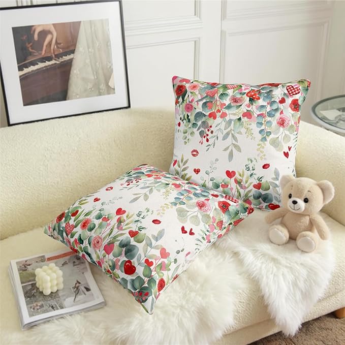 Valentines Day Floral Throw Pillow Covers 22x22 Inch Set of 2 Red Pink Roses Hearts Pillowcases Valentines Eucalyptus Leaves Decorative Cushion Covers for Home Sofa Bed