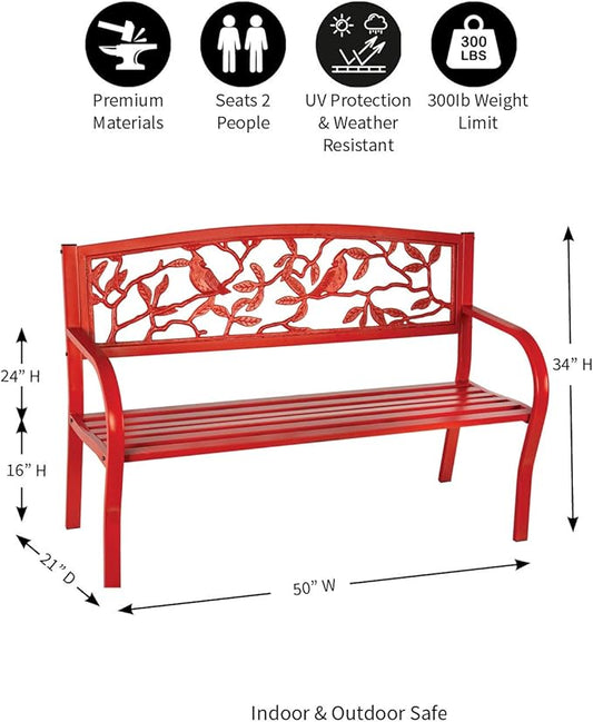 Evergreen Weatherproof Cardinal Outdoor Bench | Holds Up to 300 lbs | Furniture for Lawn Garden Patio Porch Park Deck | Steel | Red