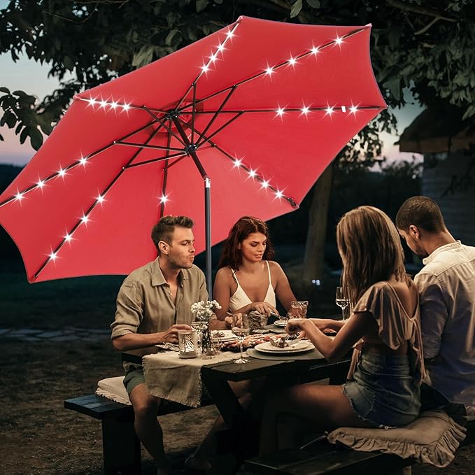 DUMOS 10 FT Outdoor Patio Umbrella with 32 LED Lights, UV-Resistant Outdoor Table Umbrella with Tilt and Crank for Backyard, Deck, Garden and Beach, Red