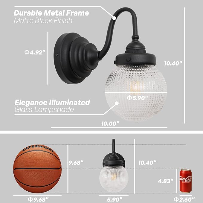 Curved Arm Wall Sconce Lighting with Clear Ribbed Glass Globe Shade, Vintage Brass Bathroom Wall Light Fixtures for Kitchen Living Room Bedroom Farmhouse