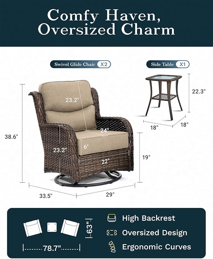 High Back Outdoor Furniture with Extra Thick Cushion Patio Swivel Rocking Chairs, 3PCS Oversized Comfort Wicker Conversation Set for Porch, Deck, Yard in Beige