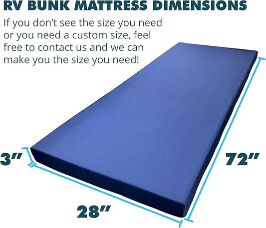 Foamma 3” x 28” x 72” Water Resistant Memory Foam RV Bunk Mattress, Firm High Density Foam Base, Comfortable and Durable Polyester Cover, Truck, Camper, Travel Trailer, Made in USA
