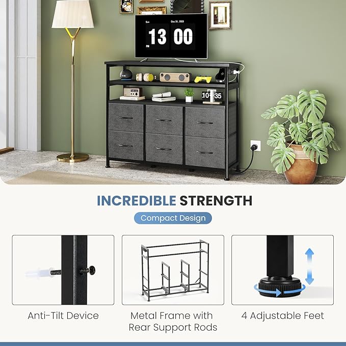 DUMOS TV Stand for Up to 45 inch TV, Wood Top TV Media Console Table with 6 Fabric Drawers, 2 Shelves, Entertainment Center with LED Lights & Charging Station for Living Room, Hallway, Grey