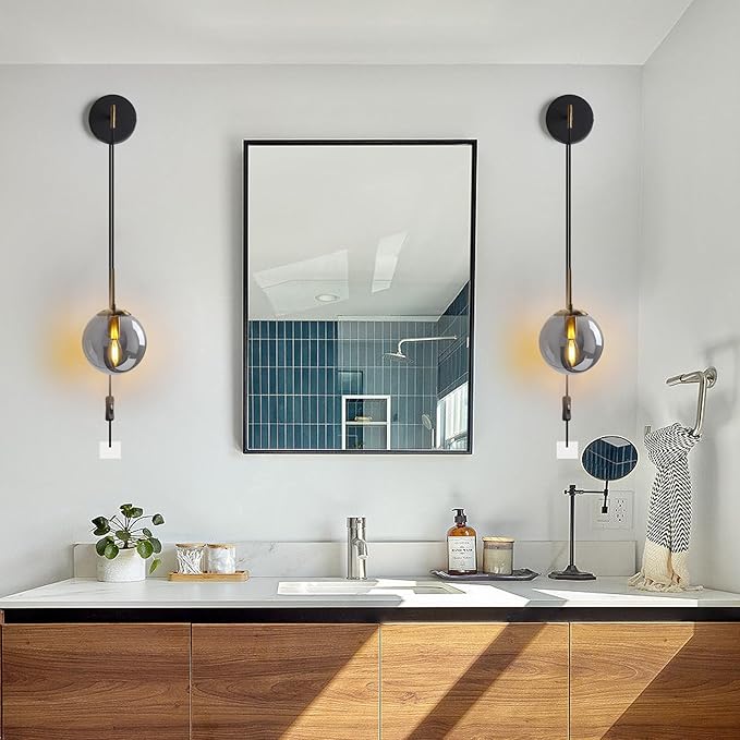 Wall Sconces Set of Two Black and Brass Gold Plug in Wall Sconces Set of 2 with Globe Smoke Grey Glass Shade Wall Lights Wall Lamps for Bedrooms Sconces Wall Decor Set of 2 with Plug in Cord