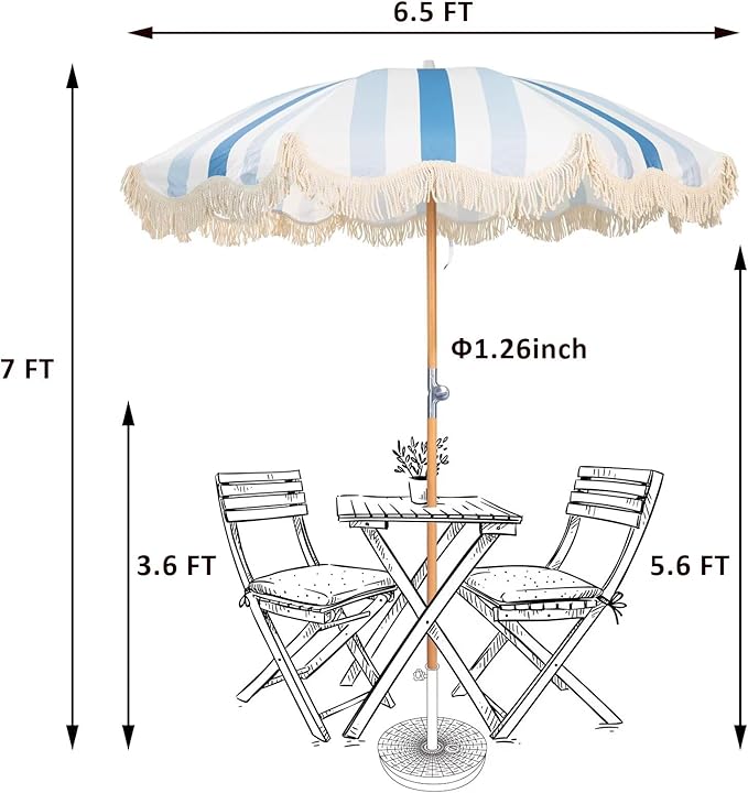 6.5ft Boho Beach Umbrella with Fringe, UPF 50+ Tassel Umbrellas with Carry Bag, Premium Wood Pole Foldable Patio Umbrella for Outdoor Holiday Garden Lawn Pool Yard Table