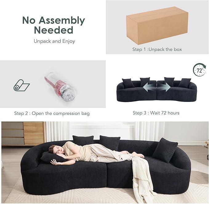 110" Oversized Cloud Sectional Sofa Modern Curved Boneless Couches for Living Room, 4-Seater Extra Deep Seat Foam Floor Compressed Couch w/Tight Backrest and 4 Pillows,Chenille Sofa & Couches | Breathable material, Non-slip, No Assembly Required