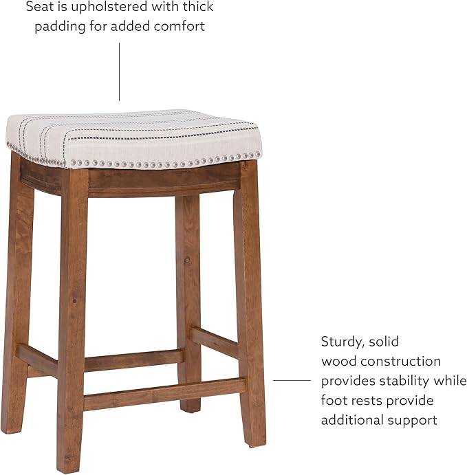 Linon Kingston Natural Wood with Upholstered Linen seat 24 Inch Seat Height Backless Counter Stool