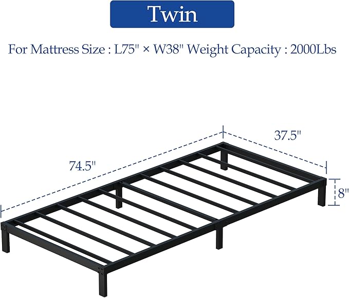 8 Inch Twin Bed Frames, Heavy Duty Metal Platform Bed Frame No Box Spring Needed, Noise Free, Easy Assembly, Black