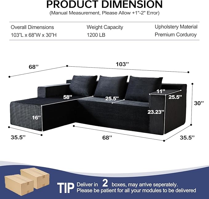 HonTop 103” L-Shaped Modular Sectional Sofa with Chaise, Boneless Comfy Corduroy Fluffy Couch with Deep Seat, Flexible Module Combination for Living Room, No Assembly, Black Left | Friendly Size, Flexible Modular, Family Pet-Friendly, Soft Corduroy, Su...
