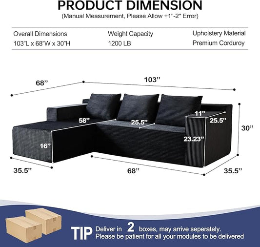 HonTop 103” L-Shaped Modular Sectional Sofa with Chaise, Boneless Comfy Corduroy Fluffy Couch with Deep Seat, Flexible Module Combination for Living Room, No Assembly, Black Left | Friendly Size, Flexible Modular, Family Pet-Friendly, Soft Corduroy, Su...