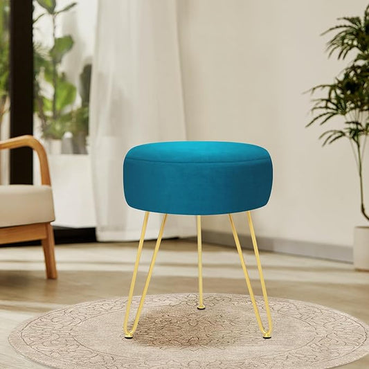Velvet Soft Modern Vanity Footstool -Round Footrest Stool Ottoman Side Table Seat Dressing with Golden Metal Leg and Sponge Filling,Upholstered Foot Rest for Living Room (Peacock blue2)