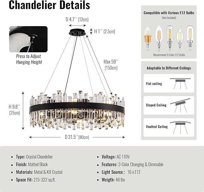 CROSSIO Modern Crystal Chandelier 16-Light Black Round 2 Tiers Raindrop Chandelier for Dining Room Luxury Large Flush Mount Ceiling Light for Living Room Entryway Foyer Bedroom D31.5''