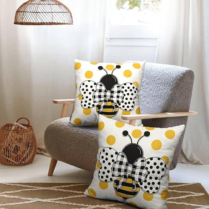 Summer Bumblebee Throw Pillow Covers 16x16 Set of 2 Polka Dot Bee Decorative Pillow Cases Yellow Honeybee Outdoor Farmhouse Cushion Cover for Home Couch Sofa Decor