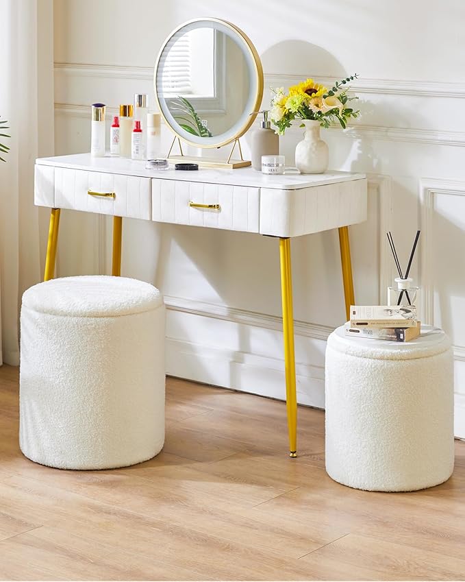 IBUYKE Storage Ottoman Set of 2 Round Ottoman Fleece Vanity Stool with Storage Velvet Footrest Stool End Table Boucle Ottoman for Home Organization UWBD015W