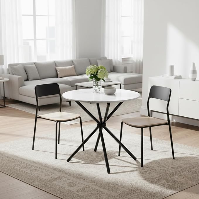 FurnitureR 31.5-Inch Round Dining Table for 2-4 People, Multifunctional Wooden Table for Cafe Restaurant Home Kitchen Dining Room, Unique Intersecting Pedestal Base and Metal Legs, White Marble