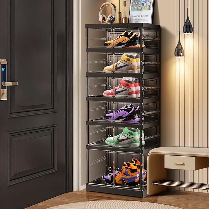 6 Tier Foldable Shoe Rack for Closet Entryway 6-12 Pairs Stackable Clear Shoe Storage Boxes with Lids Shoes Shelf with Door Plastic Organizer Cabinet Easy Assembly Black