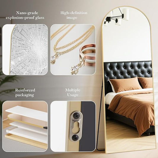 OLIXIS Arched Full Length Mirror 59"x16.3" for Bedroom, Full Body Mirror with Stand, Hanging or Leaning for Wall, Aluminum Alloy Thin Frame Floor Standing for Living Room, Long, Gold