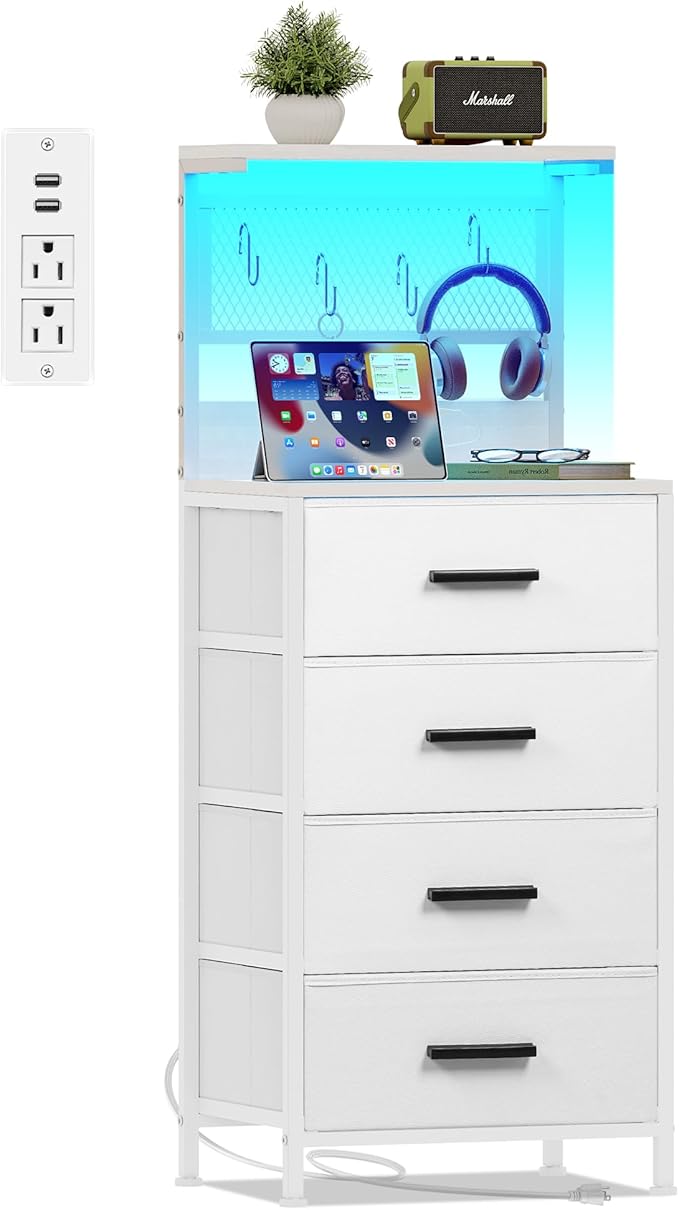 Nightstand 4 Drawer Dresser with LED Lights, Charging Station, Mesh Shelf with Hooks, Vertical Side Table with Fabric Drawers, End Table, Tall Dresser for Bedroom, Hallway, Entryway, White