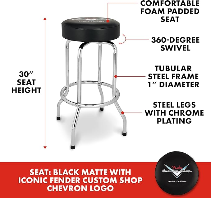 Fender Custom Shop Chevron Logo Swivel Barstool, Great Gifts Dad, with 1 Year Limited Warranty, Simple Assembly, Black/Black, 30"