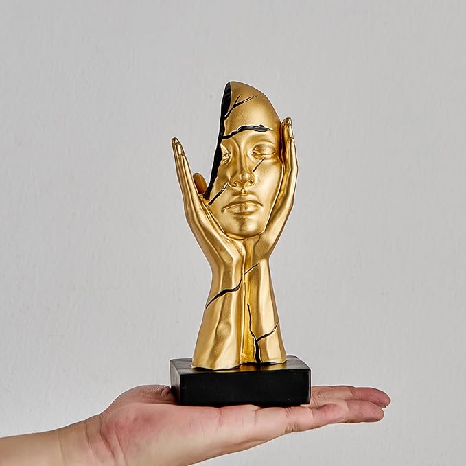 Gold Art Statues Home Decor 7.5" H Resin Face Sculptures for Coffee Table Bookshelf Office Desk, Modern Abstract Art Sculptures Living Room Office Decorations